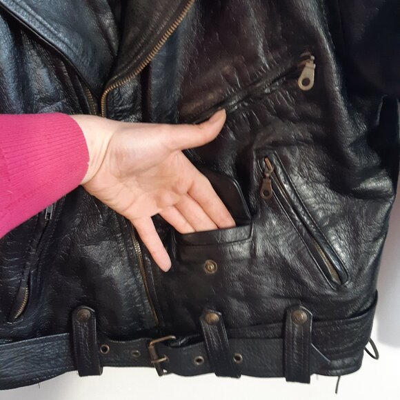 Rare Vintage Black Leather Bicker Jacket Great Seal of Oklahoma 1907 Snaps Large - Picture 4 of 17